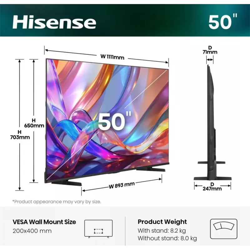 TV Hisense 50Q7S 50 inch (127 cm) QLED 4K Ultra HD Smart TV, Direct-LED, HomeOS, Wi‑Fi, Black