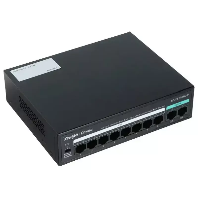 RUIJIE unmanaged PoE Switch RG-ES110FG-P — 10-Port Gigabit (10/100/1000) with 1 SFP, 120W, 20 Gbps switching