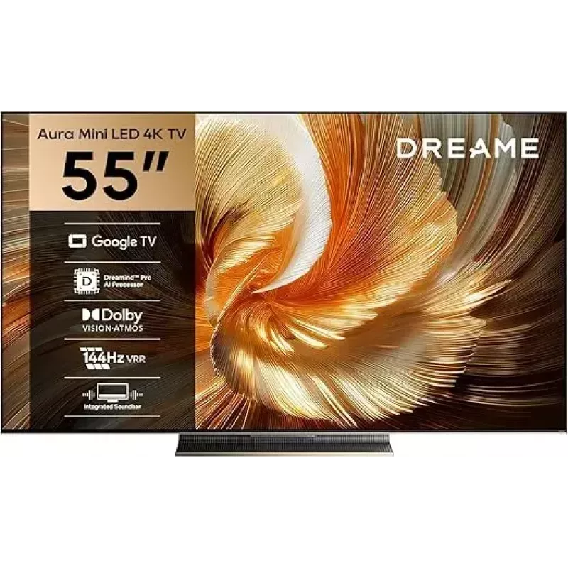 Smart TV Dreame Aura S100 55 inch, QLED+ (Mini Led), 4K UHD, Google TV, 144Hz, AI processor, integrated soundbar, black