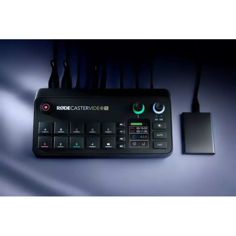 Multi-channel podcast and livestream production console Rode RodeCaster Video S RCVS-E — touchscreen, Wi‑Fi, Bluetooth 5.3, 5x USB-C, 3x HDMI in, 1x HDMI out, microSD