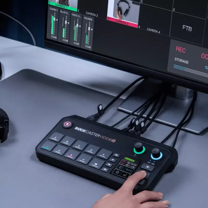 Multi-channel podcast and livestream production console Rode RodeCaster Video S RCVS-E — touchscreen, Wi‑Fi, Bluetooth 5.3, 5x USB-C, 3x HDMI in, 1x HDMI out, microSD
