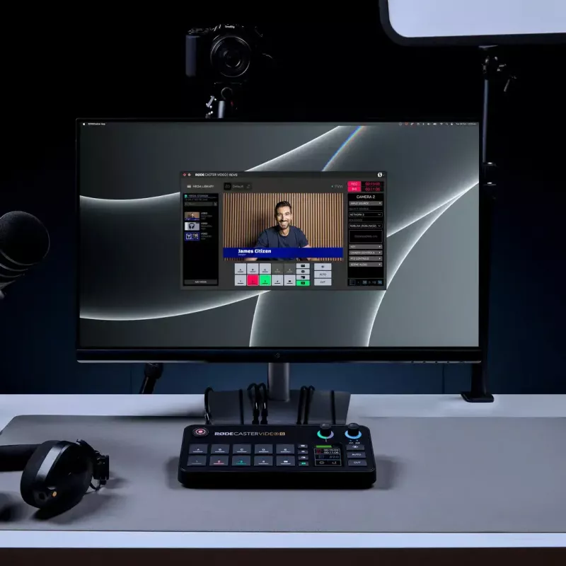 Multi-channel podcast and livestream production console Rode RodeCaster Video S RCVS-E — touchscreen, Wi‑Fi, Bluetooth 5.3, 5x USB-C, 3x HDMI in, 1x HDMI out, microSD