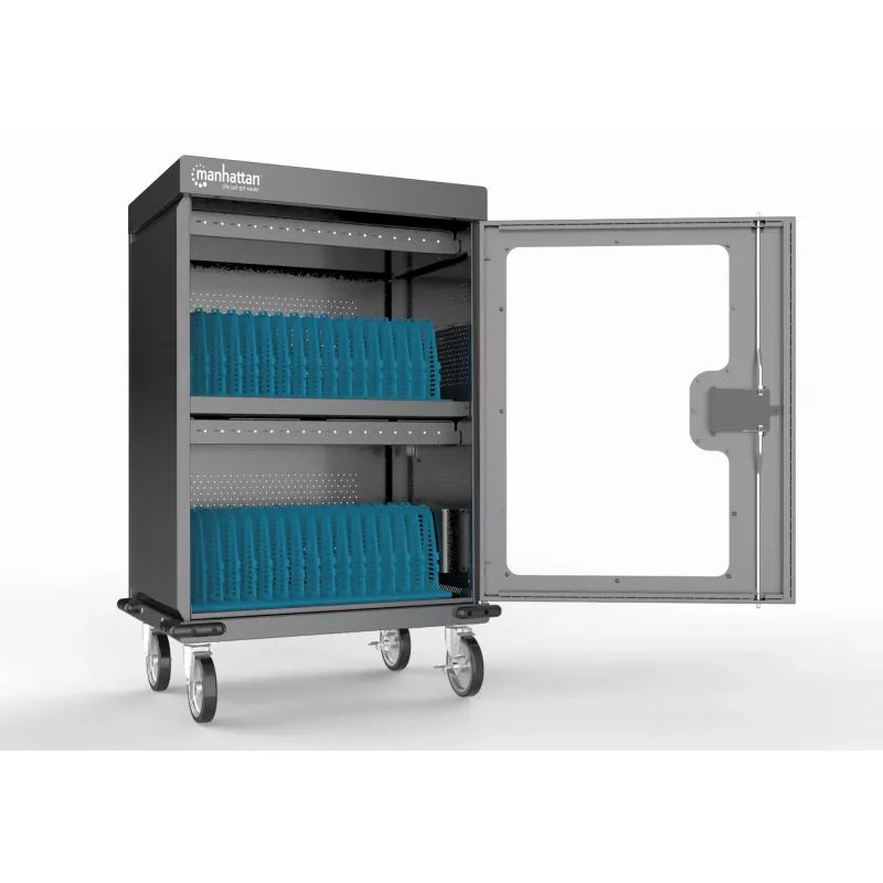 Manhattan iPad to 13 inch, MacBook Air to 15 inch & Chromebook 15.6 inch 32-bay Charging Trolley/Cart via USB-C, Also other tablets/smartphones (with device to USB-C cable), Bays 404x27.6x283mm,Device charging cables not included (suggest USB-C cable 354868),Cabinet