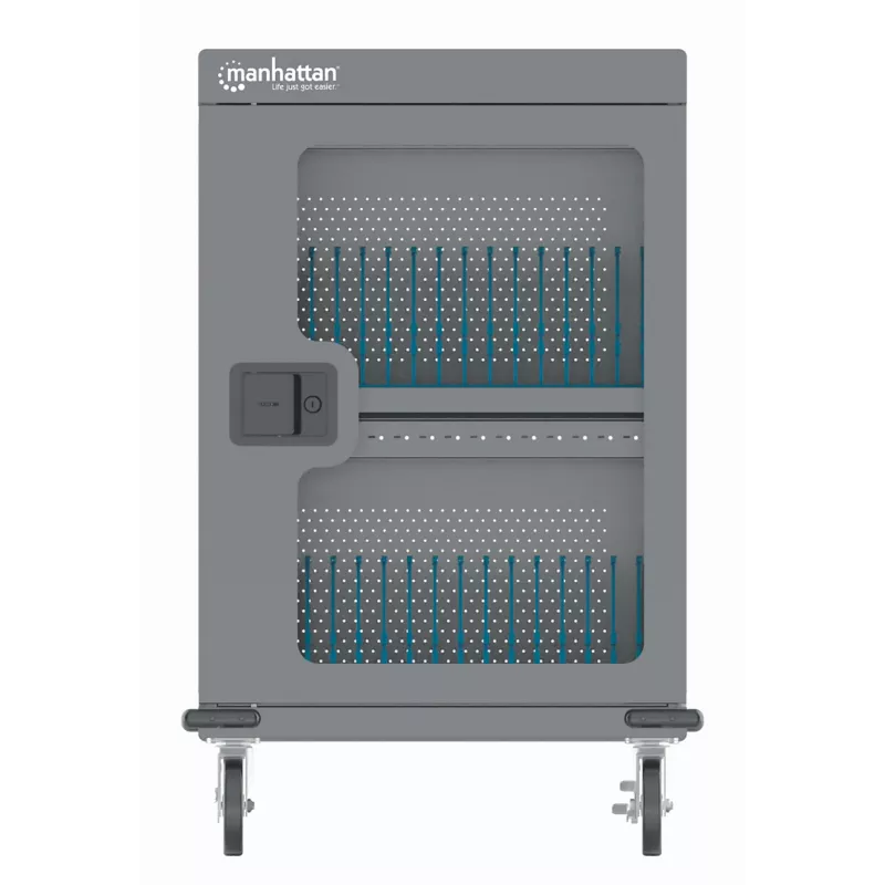 Manhattan iPad to 13 inch, MacBook Air to 15 inch & Chromebook 15.6 inch 32-bay Charging Trolley/Cart via USB-C, Also other tablets/smartphones (with device to USB-C cable), Bays 404x27.6x283mm,Device charging cables not included (suggest USB-C cable 354868),Cabinet