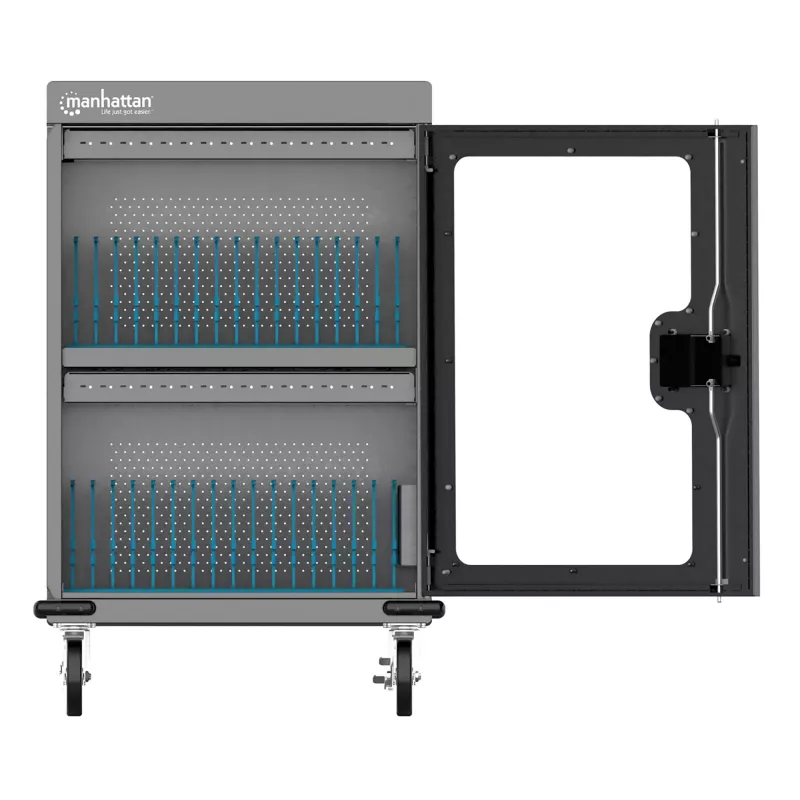 Manhattan iPad to 13 inch, MacBook Air to 15 inch & Chromebook 15.6 inch 32-bay Charging Trolley/Cart via USB-C, Also other tablets/smartphones (with device to USB-C cable), Bays 404x27.6x283mm,Device charging cables not included (suggest USB-C cable 354868),Cabinet