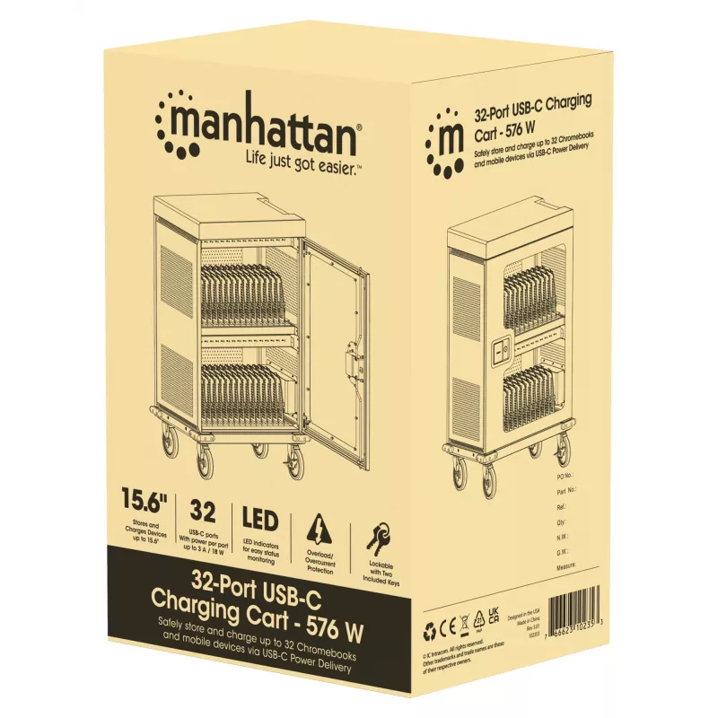 Manhattan iPad to 13 inch, MacBook Air to 15 inch & Chromebook 15.6 inch 32-bay Charging Trolley/Cart via USB-C, Also other tablets/smartphones (with device to USB-C cable), Bays 404x27.6x283mm,Device charging cables not included (suggest USB-C cable 354868),Cabinet