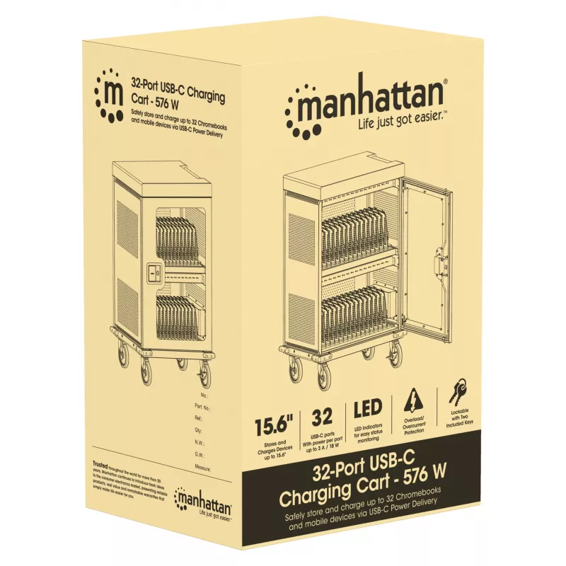 Manhattan iPad to 13 inch, MacBook Air to 15 inch & Chromebook 15.6 inch 32-bay Charging Trolley/Cart via USB-C, Also other tablets/smartphones (with device to USB-C cable), Bays 404x27.6x283mm,Device charging cables not included (suggest USB-C cable 354868),Cabinet