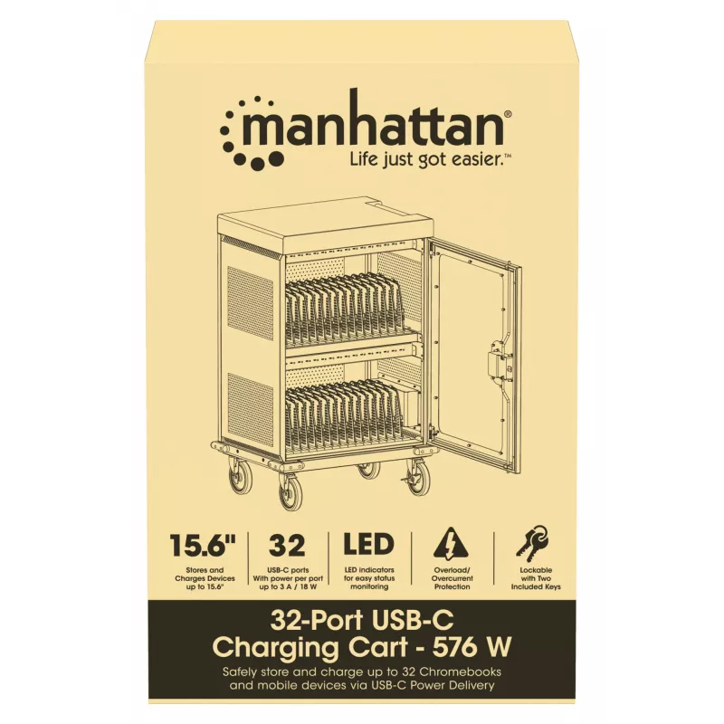 Manhattan iPad to 13 inch, MacBook Air to 15 inch & Chromebook 15.6 inch 32-bay Charging Trolley/Cart via USB-C, Also other tablets/smartphones (with device to USB-C cable), Bays 404x27.6x283mm,Device charging cables not included (suggest USB-C cable 354868),Cabinet