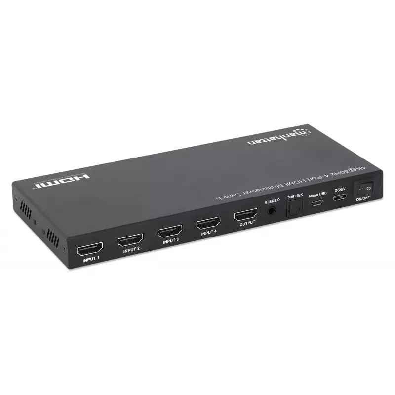 Manhattan 4K 4-Port HDMI Multiviewer Switch, Switch with Four Inputs on One Display, 4k@30Hz, Multiple Viewing Options Including Picture-in-Picture and Dual/Quad Screen, Push Button or Remote Control, 3.5mm and Toslink Audio, Black, 3 Year Warranty