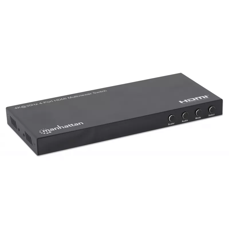 Manhattan 4K 4-Port HDMI Multiviewer Switch, Switch with Four Inputs on One Display, 4k@30Hz, Multiple Viewing Options Including Picture-in-Picture and Dual/Quad Screen, Push Button or Remote Control, 3.5mm and Toslink Audio, Black, 3 Year Warranty