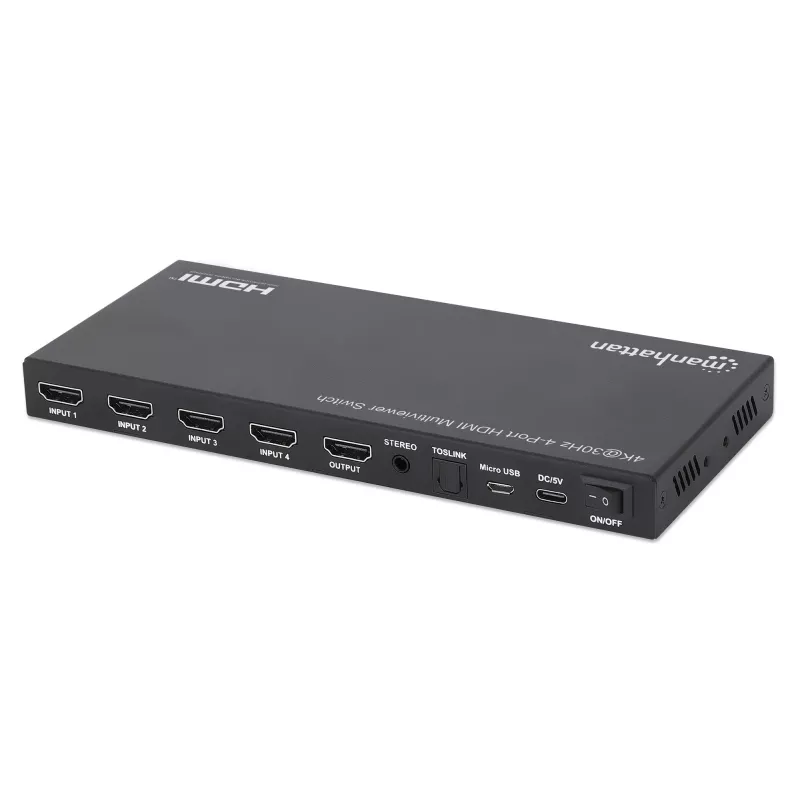 Manhattan 4K 4-Port HDMI Multiviewer Switch, Switch with Four Inputs on One Display, 4k@30Hz, Multiple Viewing Options Including Picture-in-Picture and Dual/Quad Screen, Push Button or Remote Control, 3.5mm and Toslink Audio, Black, 3 Year Warranty