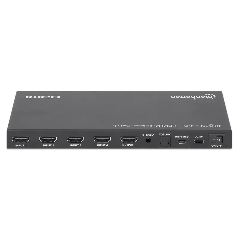 Manhattan 4K 4-Port HDMI Multiviewer Switch, Switch with Four Inputs on One Display, 4k@30Hz, Multiple Viewing Options Including Picture-in-Picture and Dual/Quad Screen, Push Button or Remote Control, 3.5mm and Toslink Audio, Black, 3 Year Warranty