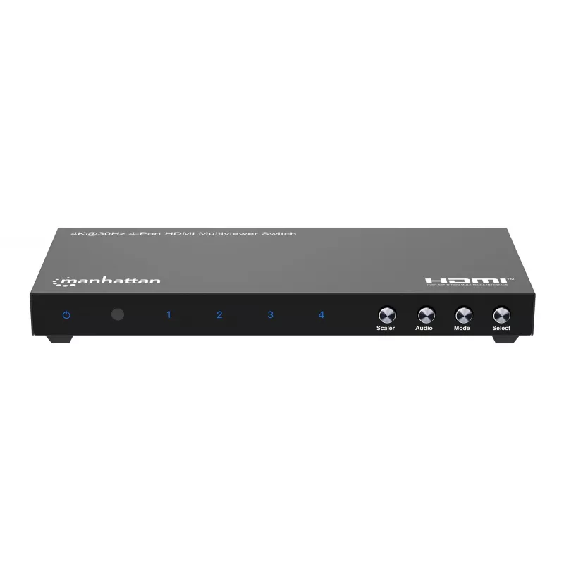 Manhattan 4K 4-Port HDMI Multiviewer Switch, Switch with Four Inputs on One Display, 4k@30Hz, Multiple Viewing Options Including Picture-in-Picture and Dual/Quad Screen, Push Button or Remote Control, 3.5mm and Toslink Audio, Black, 3 Year Warranty