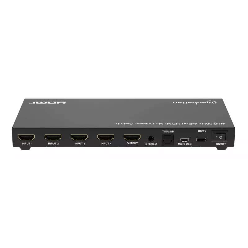 Manhattan 4K 4-Port HDMI Multiviewer Switch, Switch with Four Inputs on One Display, 4k@30Hz, Multiple Viewing Options Including Picture-in-Picture and Dual/Quad Screen, Push Button or Remote Control, 3.5mm and Toslink Audio, Black, 3 Year Warranty