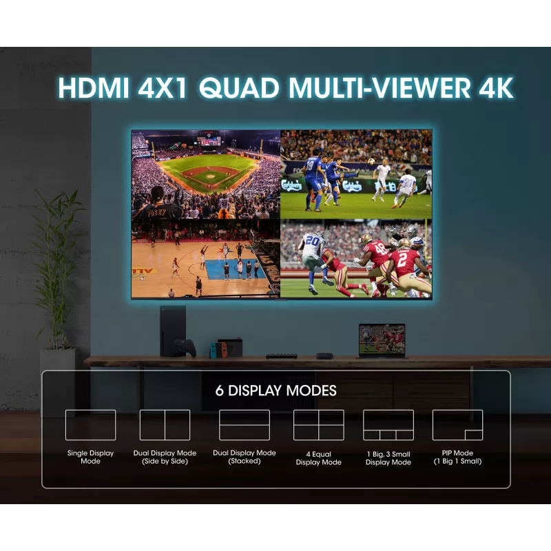 Manhattan 4K 4-Port HDMI Multiviewer Switch, Switch with Four Inputs on One Display, 4k@30Hz, Multiple Viewing Options Including Picture-in-Picture and Dual/Quad Screen, Push Button or Remote Control, 3.5mm and Toslink Audio, Black, 3 Year Warranty