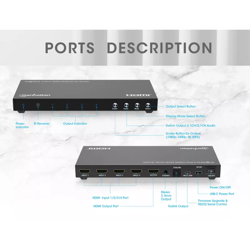 Manhattan 4K 4-Port HDMI Multiviewer Switch, Switch with Four Inputs on One Display, 4k@30Hz, Multiple Viewing Options Including Picture-in-Picture and Dual/Quad Screen, Push Button or Remote Control, 3.5mm and Toslink Audio, Black, 3 Year Warranty