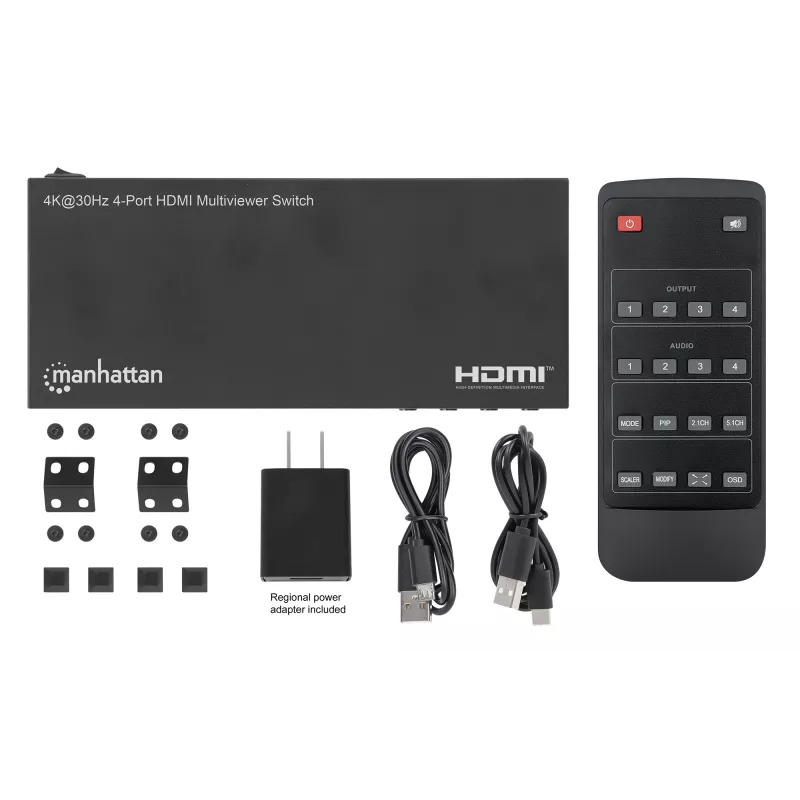 Manhattan 4K 4-Port HDMI Multiviewer Switch, Switch with Four Inputs on One Display, 4k@30Hz, Multiple Viewing Options Including Picture-in-Picture and Dual/Quad Screen, Push Button or Remote Control, 3.5mm and Toslink Audio, Black, 3 Year Warranty