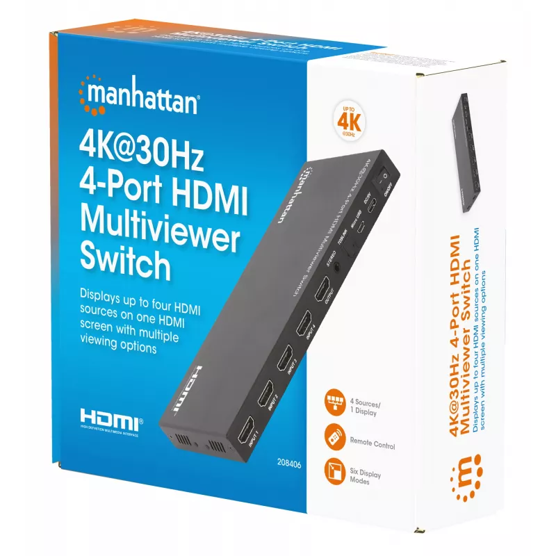 Manhattan 4K 4-Port HDMI Multiviewer Switch, Switch with Four Inputs on One Display, 4k@30Hz, Multiple Viewing Options Including Picture-in-Picture and Dual/Quad Screen, Push Button or Remote Control, 3.5mm and Toslink Audio, Black, 3 Year Warranty