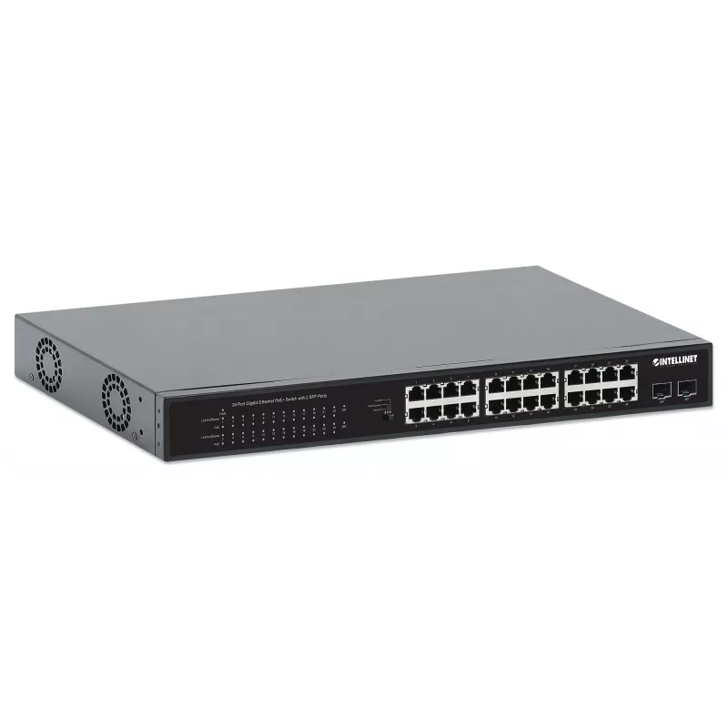 Intellinet 24-Port Gigabit Ethernet PoE+ Switch with 2 SFP Ports IEEE 802.3at/af (PoE+/PoE) Compliant, PoE Power Budget of 370 W, Two 1G SFP Open Slots, 19 inch Rackmount