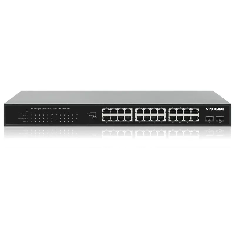 Intellinet 24-Port Gigabit Ethernet PoE+ Switch with 2 SFP Ports IEEE 802.3at/af (PoE+/PoE) Compliant, PoE Power Budget of 370 W, Two 1G SFP Open Slots, 19 inch Rackmount