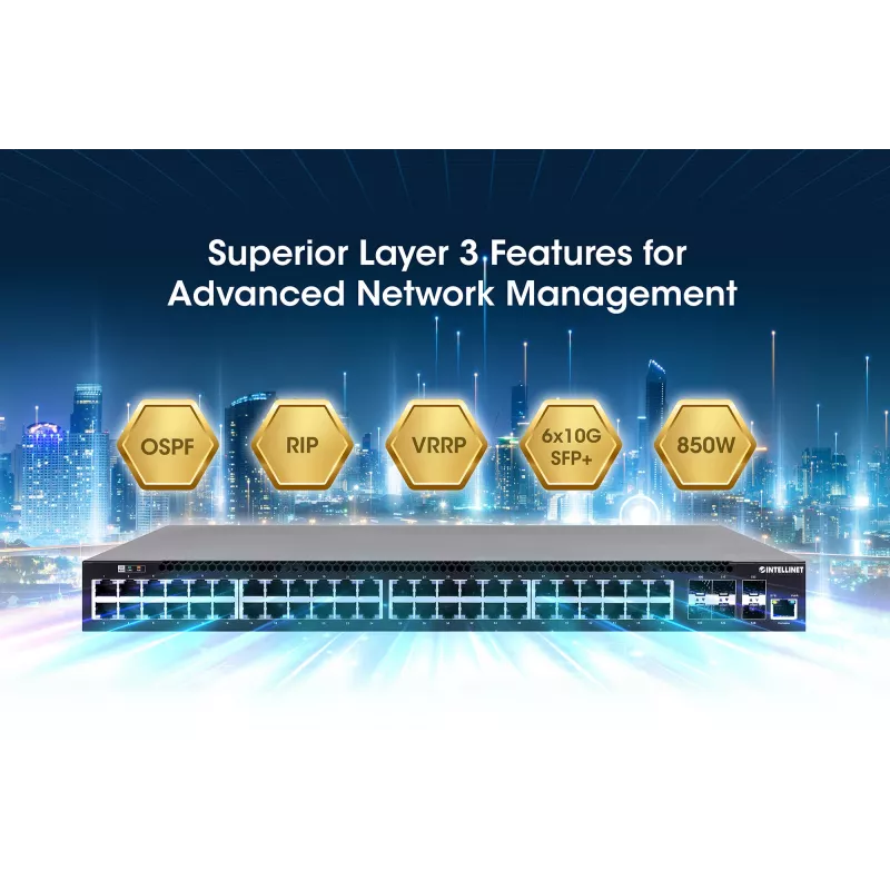 Intellinet 54-Port L3 Fully Managed PoE+ Switch with 48 Gigabit Ethernet Ports and 6 SFP+ Uplinks