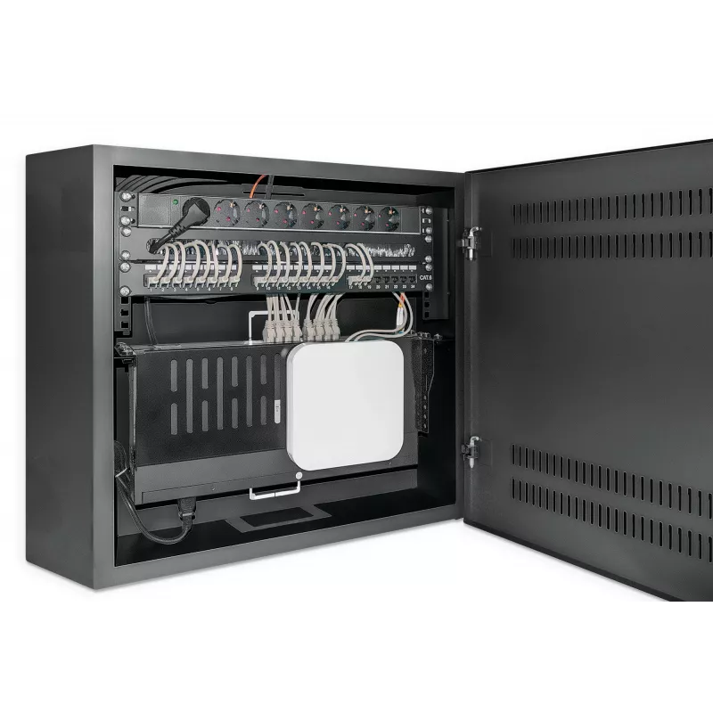 Intellinet Low-Profile 19 inch Wall Mount Cabinet with 4U Horizontal and 2U Vertical Rails Slim, Space-saving Enclosure with Only 170 mm (6.7 in.) Depth, Ideal for AV, Multimedia and Surveillance Applications, Assembled, Black RAL 7021