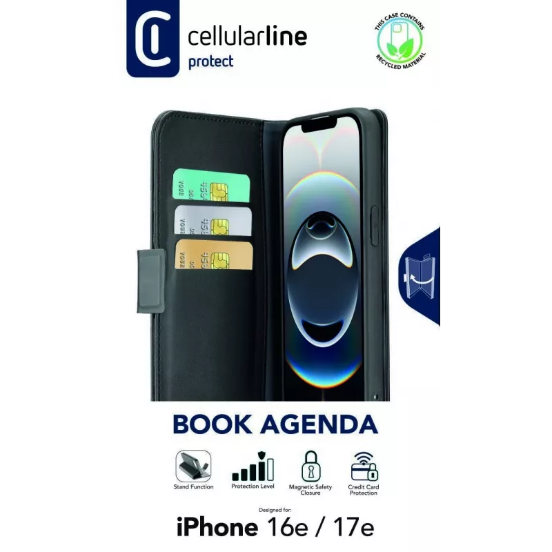 Cellularline Book Agenda - iPhone 16e/17e Leather-effect book case with magnetic closure