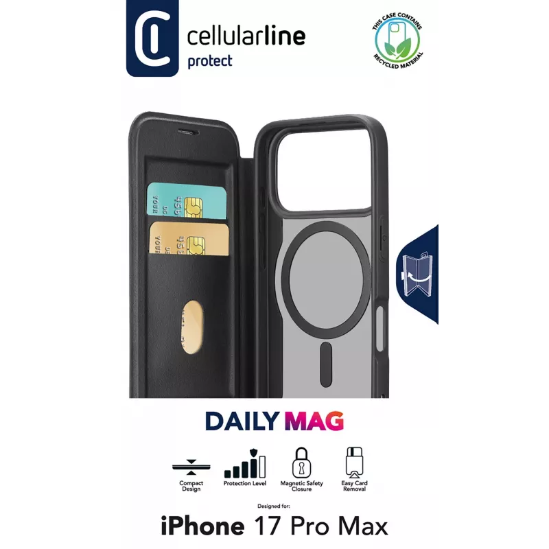 Cellularline Daily Mag - iPhone 17 Pro Max Book cover with semi-transparent hard back compatible with Magsafe® ecosystem