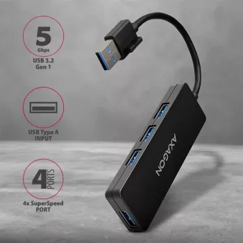 Axagon SuperSpeed USB SLIM hub, USB 3.2 Gen 1 (3.1 Gen 1) Type-A, USB 3.2 Gen 1 (3.1 Gen 1) Type-A, 5000 Mbit/s, Black, Plastic, 0.14 m