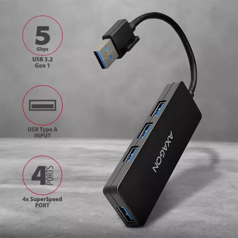 Axagon SuperSpeed USB SLIM hub, USB 3.2 Gen 1 (3.1 Gen 1) Type-A, USB 3.2 Gen 1 (3.1 Gen 1) Type-A, 5000 Mbit/s, Black, Plastic, 0.14 m