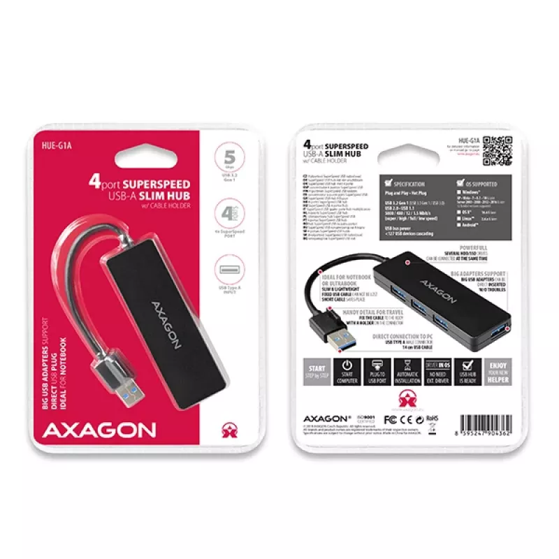 Axagon SuperSpeed USB SLIM hub, USB 3.2 Gen 1 (3.1 Gen 1) Type-A, USB 3.2 Gen 1 (3.1 Gen 1) Type-A, 5000 Mbit/s, Black, Plastic, 0.14 m