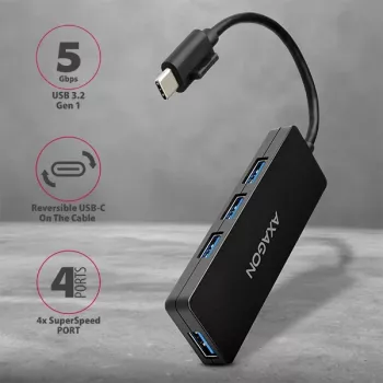 Axagon SuperSpeed USB-C SLIM hub, USB 3.2 Gen 1 (3.1 Gen 1) Type-C, USB 3.2 Gen 1 (3.1 Gen 1) Type-A, 5000 Mbit/s, Black, Plastic, 0.14 m