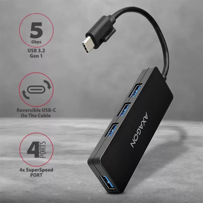 Axagon SuperSpeed USB-C SLIM hub, USB 3.2 Gen 1 (3.1 Gen 1) Type-C, USB 3.2 Gen 1 (3.1 Gen 1) Type-A, 5000 Mbit/s, Black, Plastic, 0.14 m