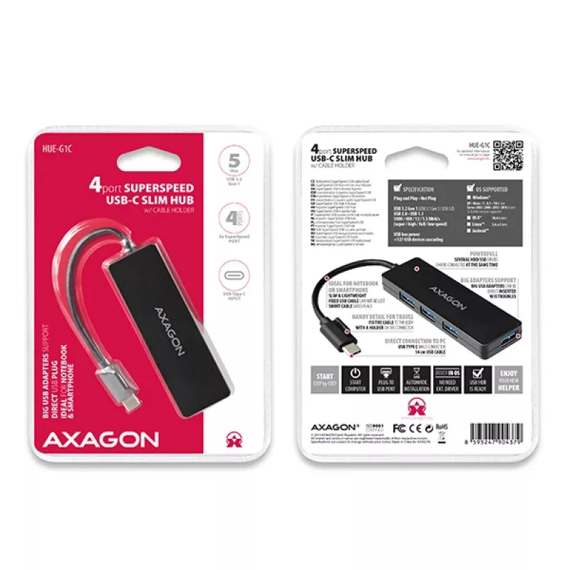 Axagon SuperSpeed USB-C SLIM hub, USB 3.2 Gen 1 (3.1 Gen 1) Type-C, USB 3.2 Gen 1 (3.1 Gen 1) Type-A, 5000 Mbit/s, Black, Plastic, 0.14 m