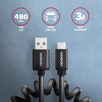 Axagon Data and charging USB 2.0 cable length 1.1 m. 3A. Black twisted. USB cable USB A USB C