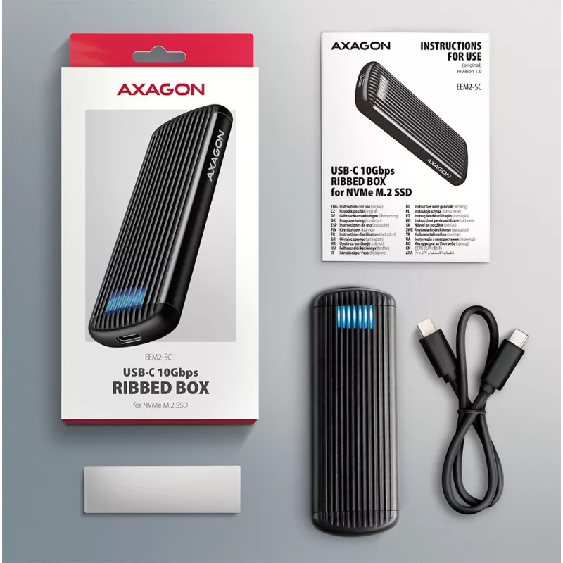 AXAGON EEM2-SC external USB-C 10Gbps screwless metal M.2 NVMe SSD enclosure, single‑bay, grey
