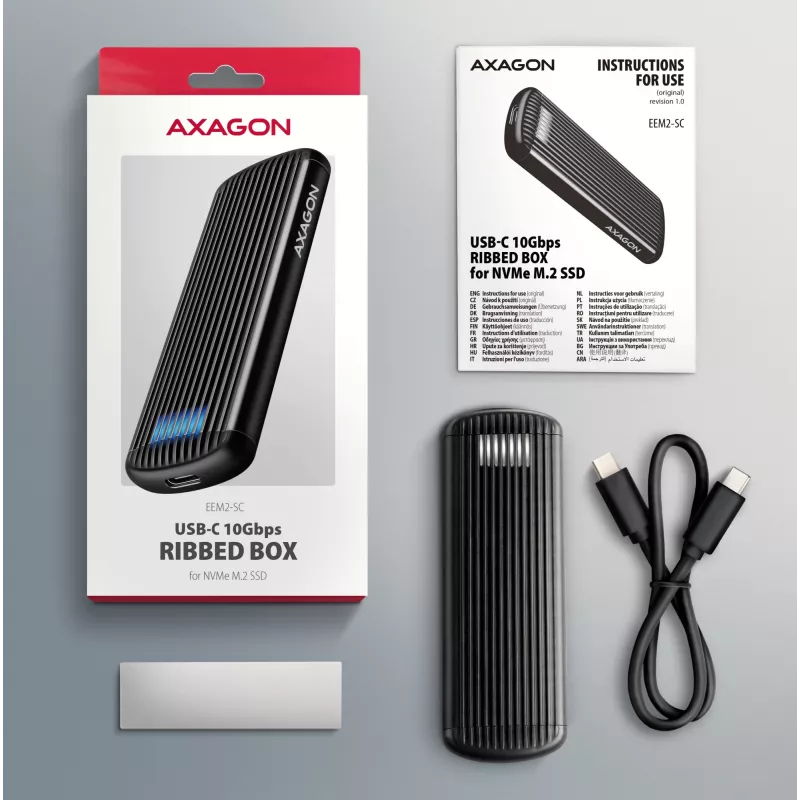 AXAGON EEM2-SC external USB-C 10Gbps screwless metal M.2 NVMe SSD enclosure, single‑bay, grey