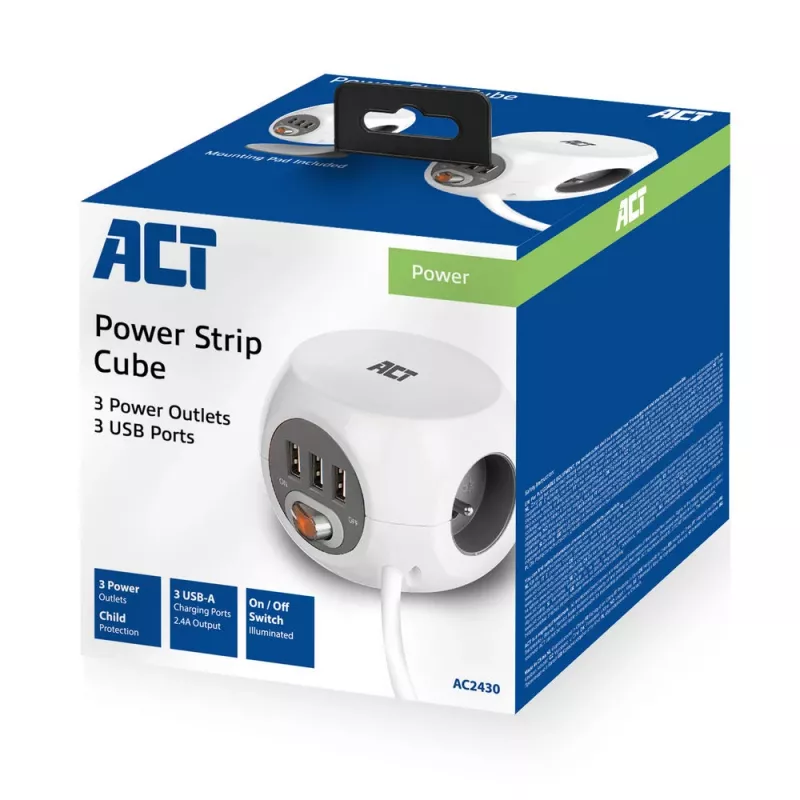 Power distribution unit ACT AC2430 — 3× Type F AC outlets, 230 V, 16 A, 1.5 m cable, white