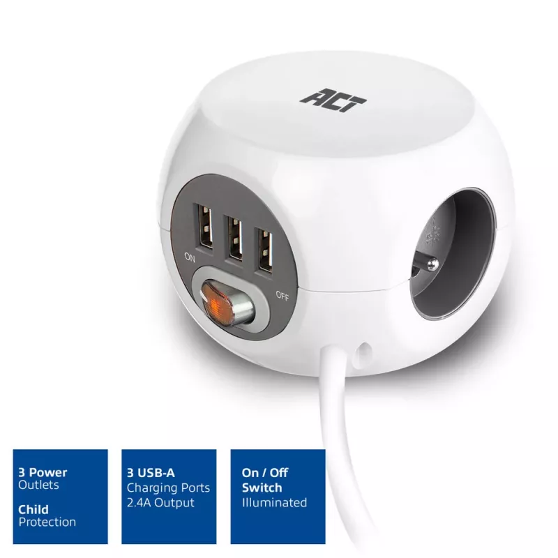 Power distribution unit ACT AC2430 — 3× Type F AC outlets, 230 V, 16 A, 1.5 m cable, white