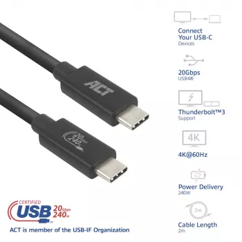 ACT USB4 20Gbps 240W USB Type-C Cable 2m Black USB-IF Certified