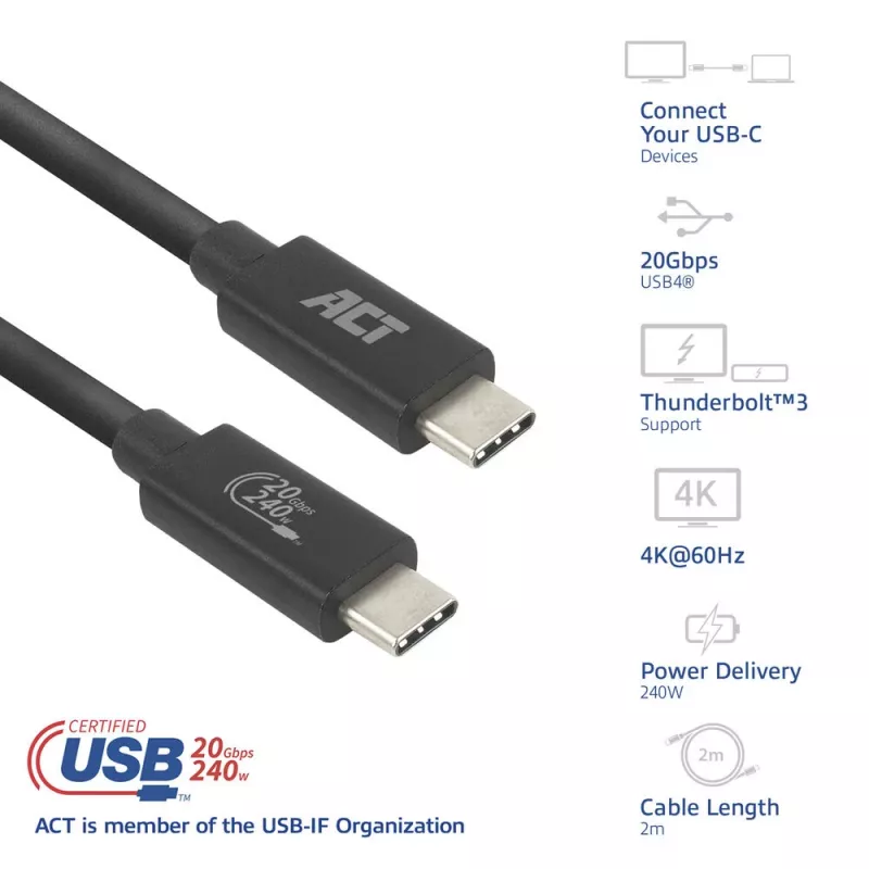 ACT USB4 20Gbps 240W USB Type-C Cable 2m Black USB-IF Certified