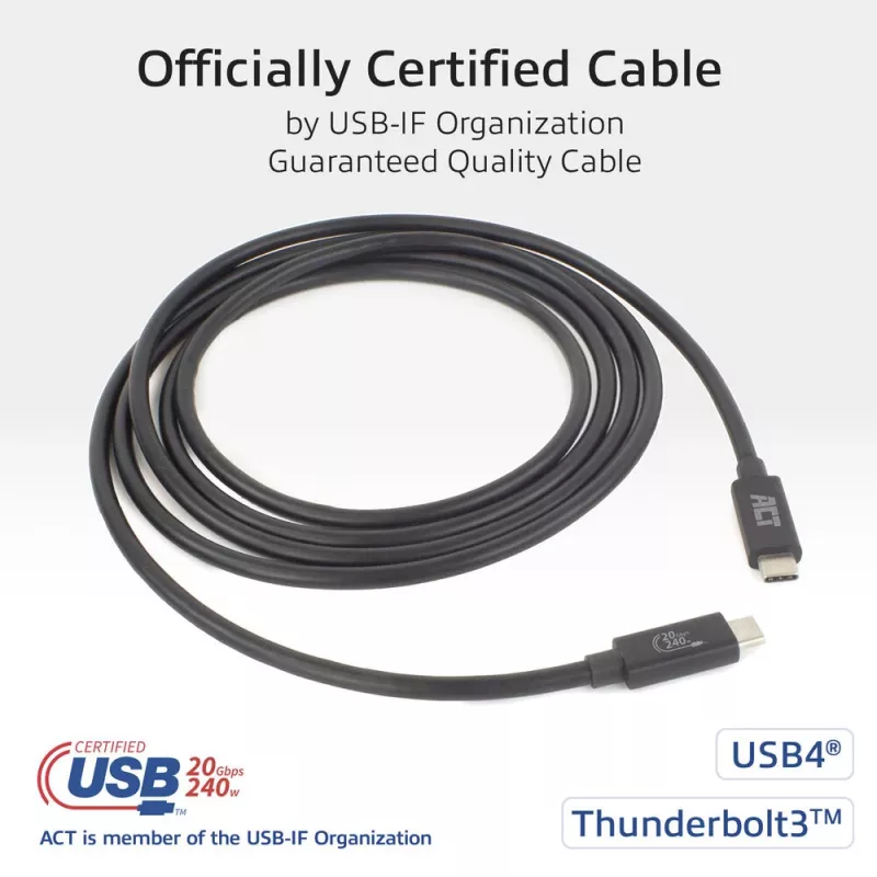 ACT USB4 20Gbps 240W USB Type-C Cable 2m Black USB-IF Certified
