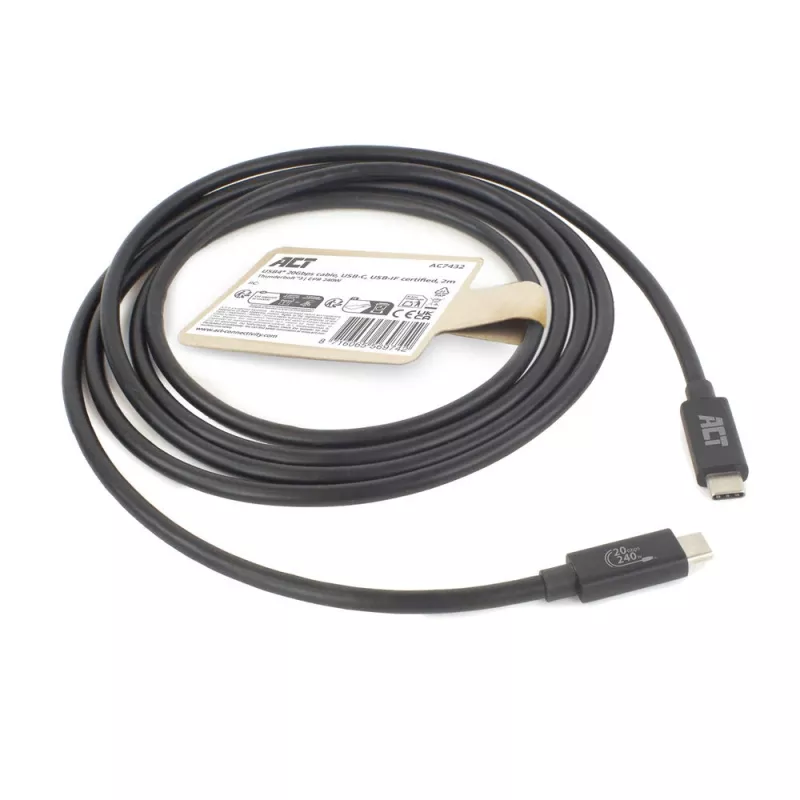ACT USB4 20Gbps 240W USB Type-C Cable 2m Black USB-IF Certified