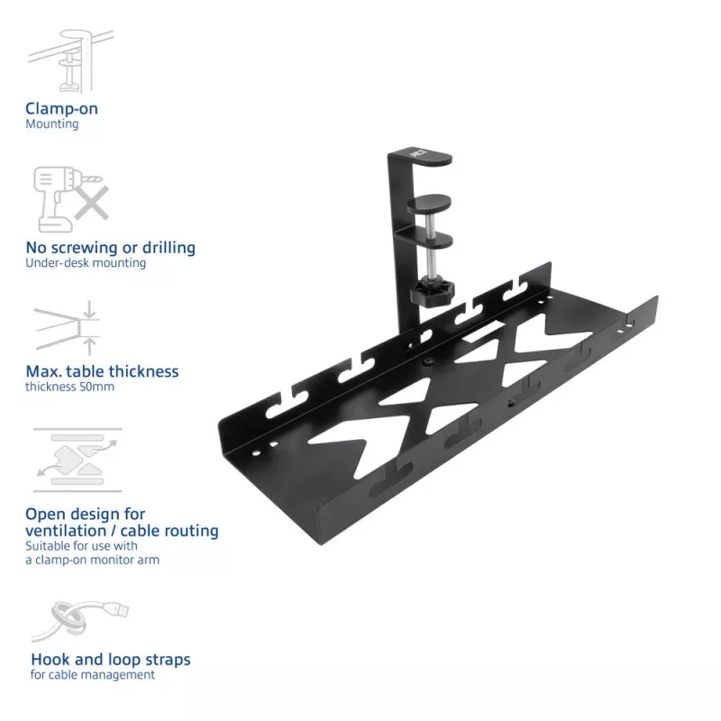 Under-desk cable management tray ACT, clamp mount, 40 cm, steel, 5 kg capacity