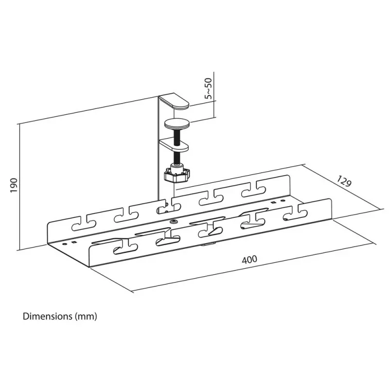 Under-desk cable management tray ACT, clamp mount, 40 cm, steel, 5 kg capacity