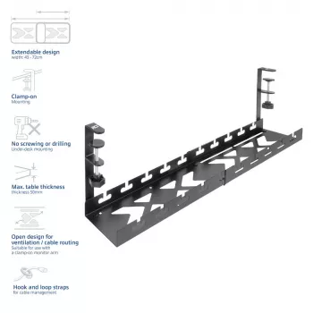 Under-desk extendable cable management tray ACT 43–72 cm clamp mount, steel, 728×130×190 mm, 5 kg
