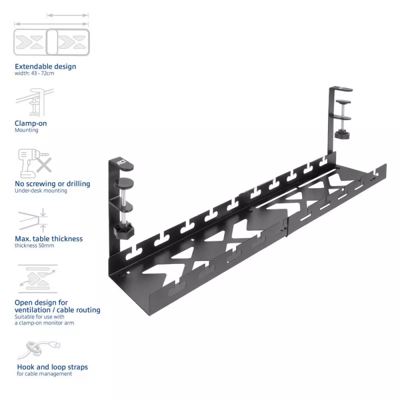Under-desk extendable cable management tray ACT 43–72 cm clamp mount, steel, 728×130×190 mm, 5 kg