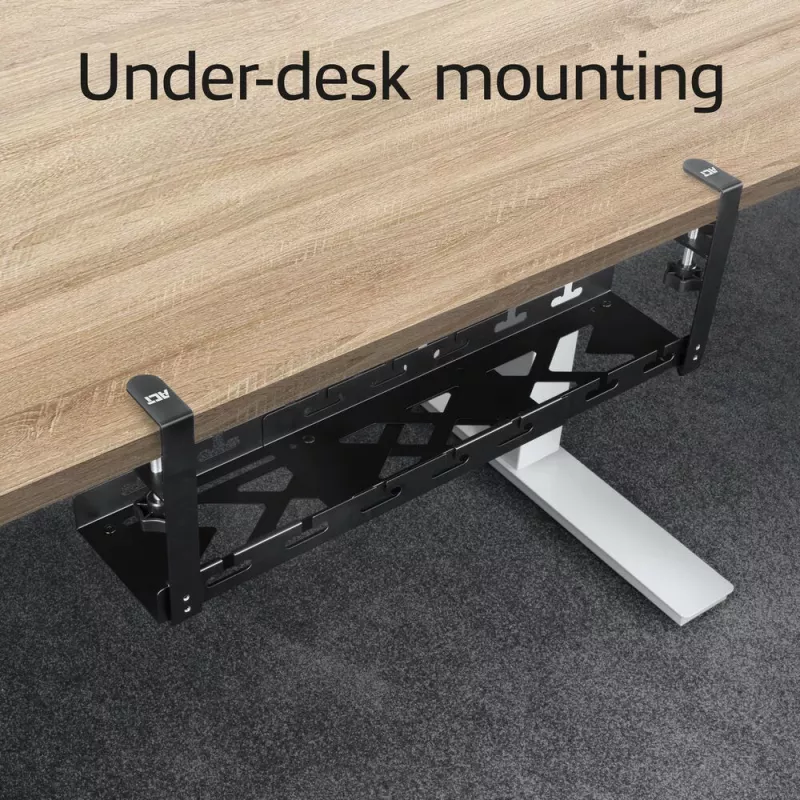 Under-desk extendable cable management tray ACT 43–72 cm clamp mount, steel, 728×130×190 mm, 5 kg