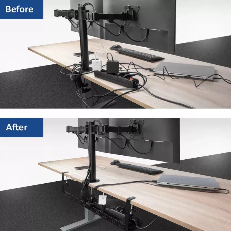 Under-desk extendable cable management tray ACT 43–72 cm clamp mount, steel, 728×130×190 mm, 5 kg