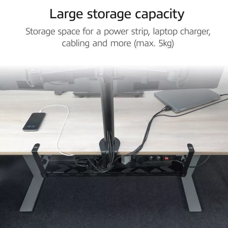 Under-desk extendable cable management tray ACT 43–72 cm clamp mount, steel, 728×130×190 mm, 5 kg